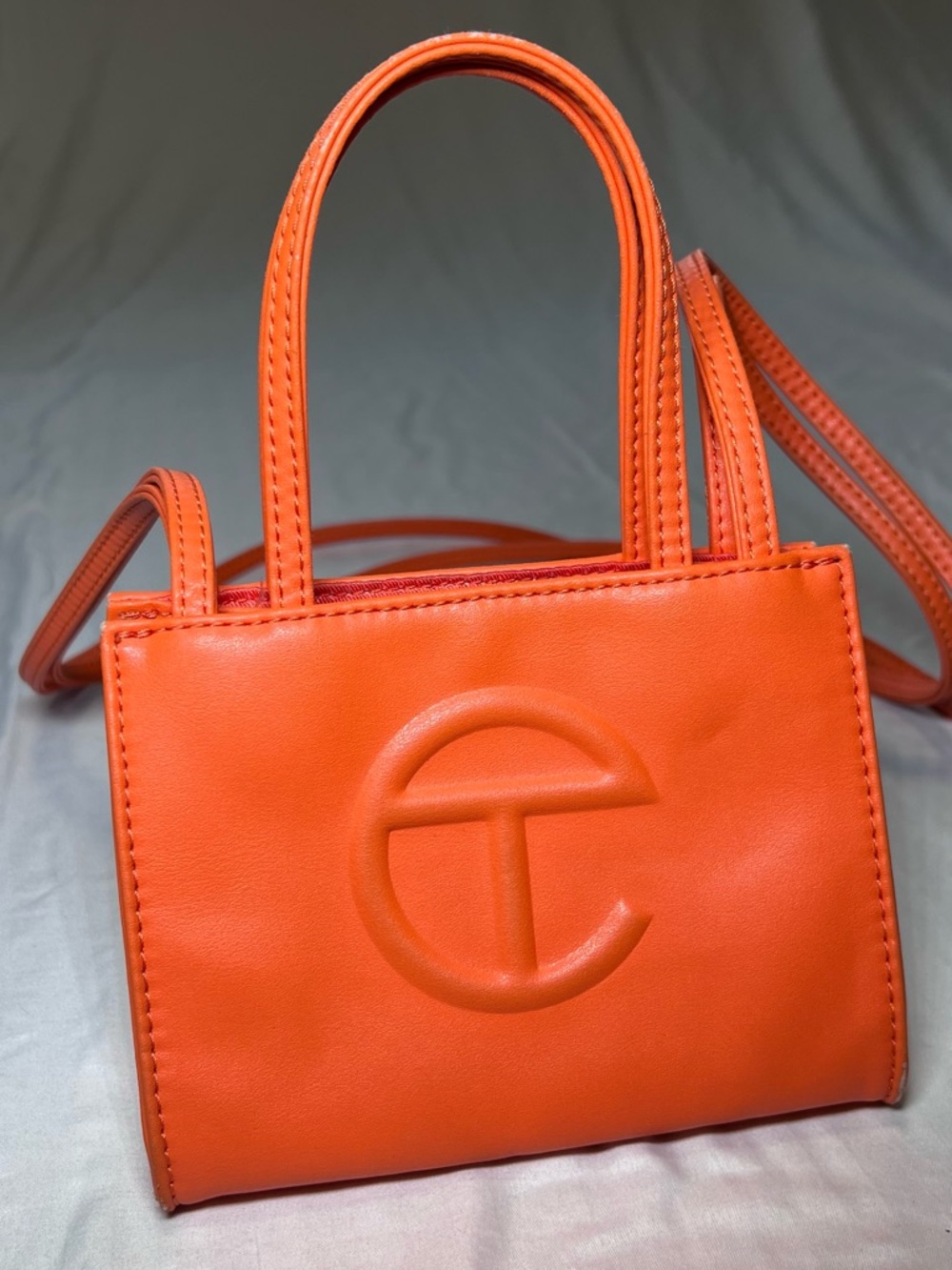 Telfar Vegan Leather Shoulder Bag Mini Snap Closure Vibrant Orange Double Strap